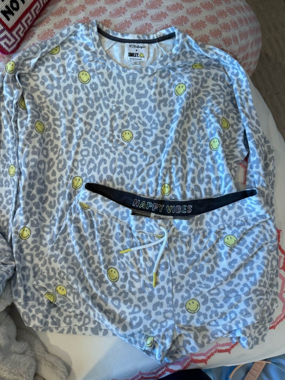 P.J. Salvage Grey Leopard Smileys Pajama Set - Yellow Accents